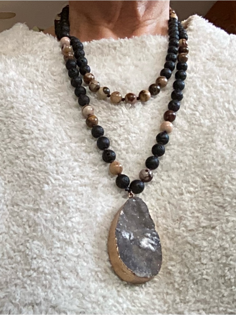 Boutique Boho Long Beaded Necklace Lava and Picture Jasper Druzy Pendant